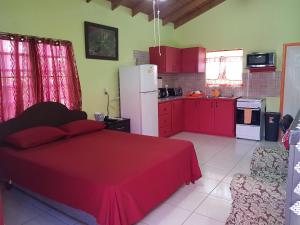 OsbournTequila Sunrise Antigua的一间带红色床的卧室和一间厨房