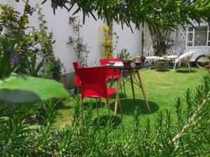 拉巴斯卡萨融合精品酒店 的花园内两张红色的椅子和一张桌子