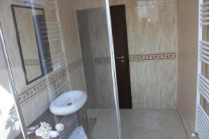 德瓦Silva House的一间带水槽和玻璃淋浴间的浴室