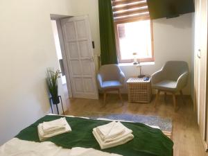 维斯普雷姆Boróka Apartman Belváros的一间卧室配有一张带两把椅子的床和一扇窗户