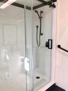 Ostend怀赫科公寓木屋酒店的浴室里设有玻璃门淋浴