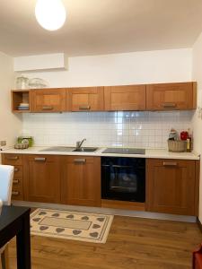 帕索圣佩莱格里诺Appartamento San Pellegrino的厨房配有木制橱柜和黑色洗碗机。