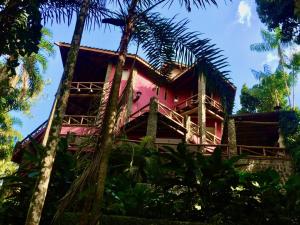 伊利亚贝拉Villa Cachoeira da Rocha的一座粉红色的房子,前面有棕榈树