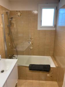 布里昂松maison blanche的带淋浴、浴缸和盥洗盆的浴室