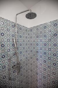 西迪·布·赛义德La Villa Des Oliviers的浴室铺有蓝色和白色瓷砖,设有淋浴。