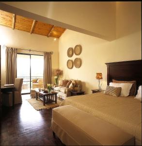 内罗毕普拉希那公寓及套房酒店的一间卧室设有一张床和一间客厅。