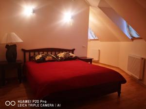 BubiaiMeškių dvarkiemis的一间卧室配有一张红色棉被的床