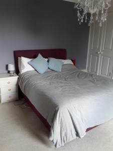 布里德波特Town House Bridport Dorset的一间卧室配有一张带蓝色枕头的大床