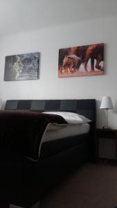 奥洛穆茨Studia Letců 2A的卧室配有一张墙上有两张照片的床。