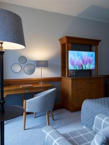 德累斯顿德累斯顿皮尔尼茨城堡酒店的客厅配有电视、沙发和椅子