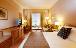 迪拜Millennium Plaza Downtown Suites的酒店客房,配有床和电视