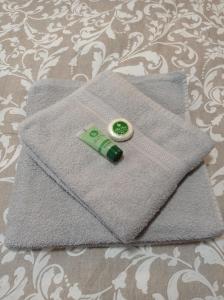 特里卡拉Central Home的灰色的餐巾,上面有绿色的按钮