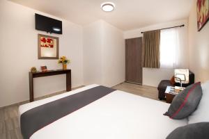 贝纳尔Hotel Quinta Las Fuentes Bernal的配有一张床和一把椅子的酒店客房