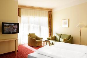 埃尔瓦尔德阿尔卑公馆度假酒店的酒店客房配有床、沙发和电视。