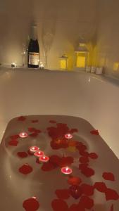 蓬费拉达Hotel Los Templarios的地板上配有带红色鲜花的浴缸。