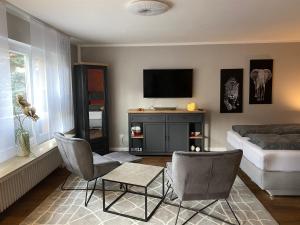 哈默尔恩Forsternest的客厅配有床和椅子以及电视