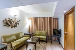 艾哈迈达巴德总统精品酒店的带沙发和电视的客厅