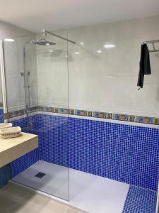 科拉雷侯Oasis Fuerteventura Beach Apartments的浴室设有蓝色瓷砖玻璃淋浴间