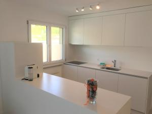达沃斯金森公寓的厨房配有白色橱柜和台面
