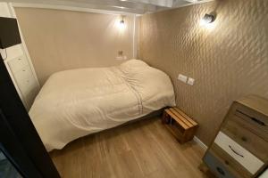 圣马洛Le Plongeoir de Bon-Secours的一间铺有木地板的小卧室,配有一张床