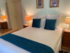 谭伯连山Curtis Falls Studio-Apartment的卧室配有带蓝色枕头的大型白色床
