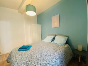 克莱蒙费朗Nid Douillet sur plateau central的一间卧室配有一张蓝色墙壁的床