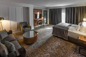蒂米什瓦拉HOTEL BOUTIQUE DONNA ANNA的酒店客房配有床、沙发和桌子。