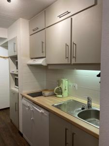 里蒙纽耶Appartement Les Menuires的厨房配有白色橱柜和水槽