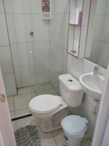 马塔迪圣若昂Paraíso da Deise的白色的浴室设有卫生间和水槽。