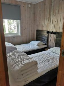 伊德勒Fjällstuga i Foskros m bastu的木墙客房的两张床