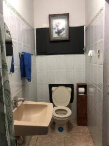 San Rafael CedrosNanda Parbat Hostal的浴室配有盥洗盆、卫生间和浴缸。