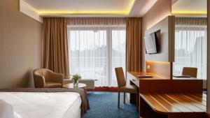 亚斯塔尔尼亚Hotel Dom Zdrojowy Resort & SPA的配有一张床和一张书桌的酒店客房