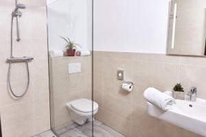 圣加伦斯洛斯卡格酒店的带淋浴、卫生间和盥洗盆的浴室