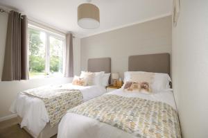约克Hollicarrs - Woodland Lodge的一间卧室设有两张床和窗户。