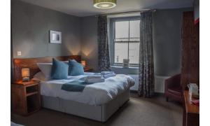 安布尔The Wellwood的一间卧室配有一张带蓝色枕头的床和一扇窗户。