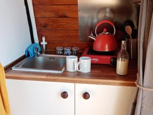 SkailWee Hoose Glamping Pod 1的厨房柜台配有水槽和茶壶