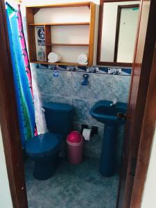 比亚米尔港Hospedaje Sarita的浴室设有蓝色的卫生间和水槽。