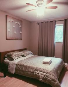 埃德蒙顿Private Rooms NAIT Guest House For Men Only的一间卧室配有一张床和吊扇
