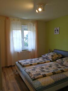 海德堡海德堡夏洛特公寓的一间卧室设有两张床和窗户。