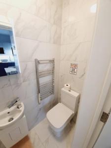 滨海绍森德Southend on Sea - Westcliff Studios - Great Location的白色的浴室设有卫生间和水槽。