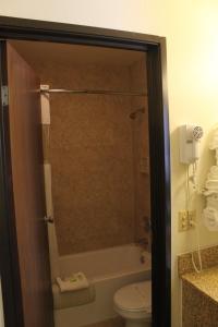 西德尼隆特里汽车旅馆的带淋浴、卫生间和盥洗盆的浴室