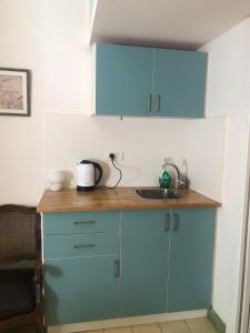 特拉维夫Rothschild Tel-Aviv Studio的厨房配有蓝色橱柜和水槽