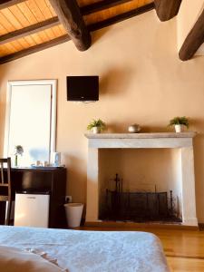 萨尔扎纳皮亚泽塔住宿加早餐旅馆的卧室设有壁炉,墙上配有电视。