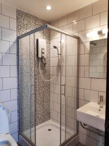 斯里巴加湾市EZ Suites的带淋浴和盥洗盆的浴室