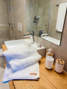 萨斯费Britannia - Apartment Patagonia的浴室设有水槽、毛巾和镜子