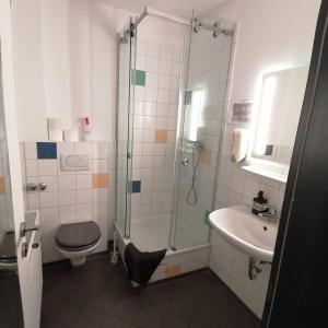 汉堡圣保利背包客旅舍 的带淋浴、卫生间和盥洗盆的浴室