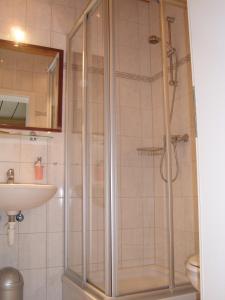 Donzdorf盖斯特豪斯艾姆瑞特豪弗姆特斯勒旅馆的带淋浴和盥洗盆的浴室