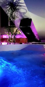 戛纳CANNES TOIT ET MOI的蓝色和紫色灯光的游泳池