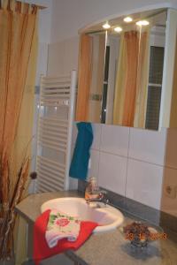 格拉尔-米里茨Lee1的浴室水槽配有红色毛巾和镜子