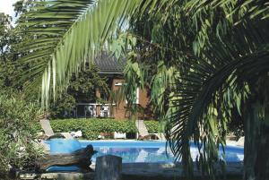 圣托斯特凡诺港Navarro Hill Resort的一座房子前面的游泳池,上面有棕榈树